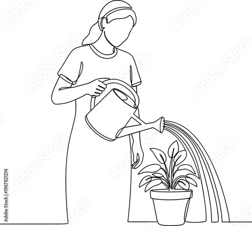 Woman Watering Potted Green Plant.