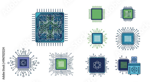 Microchip Icons Set, Computer Processor, Electronic Circuit Board Components, Technology Graphics