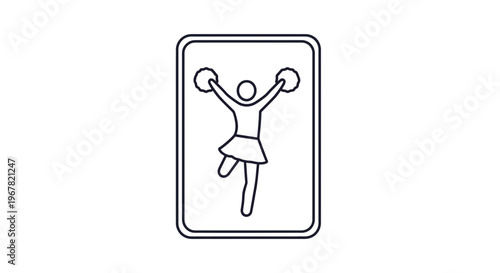 Minimalist outline icon depicting an energetic cheerleader holding pom-poms within a rectangular