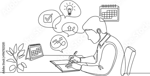 Man sitting at desk with thoughts.