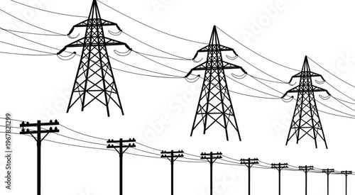 High voltage power lines and utility poles silhouette collection featuring electric transmission towers and wooden telephone poles isolated on white background