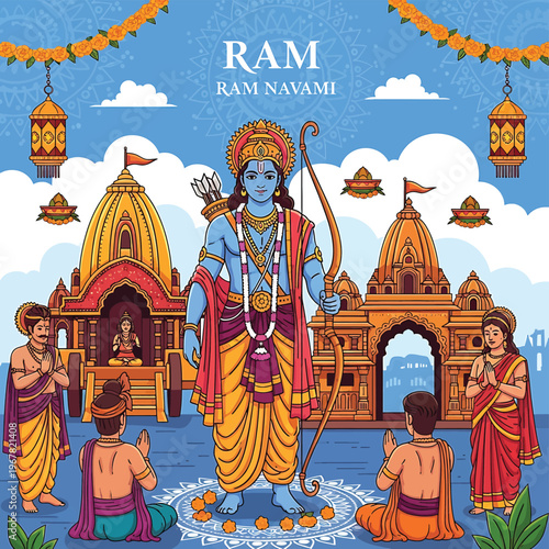 Hindu god Ram standing with bow.