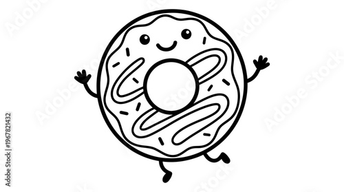 cute smiling donut character line art with sprinkles and happy face on white background, ideal for coloring book pages, children educational activities and bakery branding material