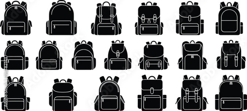 Professional Backpack Silhouettes Vector Set Featuring Minimalist Black School Bag and Rucksack Models Isolated on White Background for Travel Designs