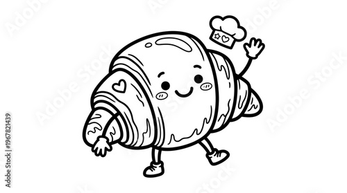 Cute croissant mascot character with a chef hat and smiling face in black and white line art style, ideal for coloring book activities, bakery branding and kids educational materials