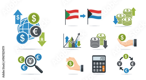 Finance and Currency Exchange Icons: Global Economy, Trading, Growth, and Investment