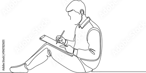 Man sitting and writing on clipboard.