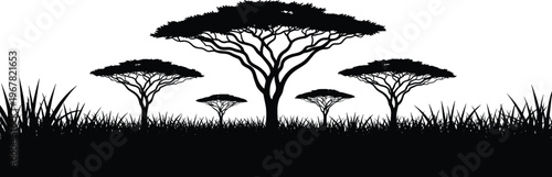Professional African Savanna Acacia Trees Silhouettes Vector Set Featuring Minimalist Black Safari Landscape Isolated on White Background for Nature Designs