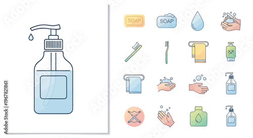 Hygiene Icons: Handwashing, Soap, Toothbrush, Towel, Sanitizer - Cleanliness Concept