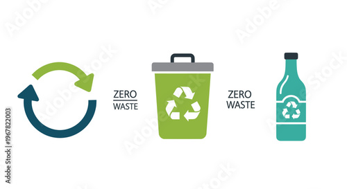Recycling symbol, trash bin, and bottle with zero waste concept
