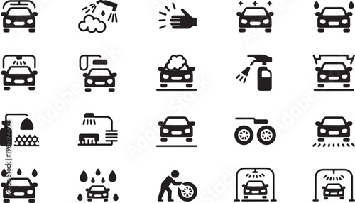 Comprehensive Auto Detailing and Car Wash Line Icon Set for Professional Vehicle Maintenance