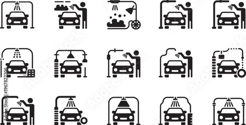 Detailed vector line art graphic icons illustrating various car service, auto repair, and vehic