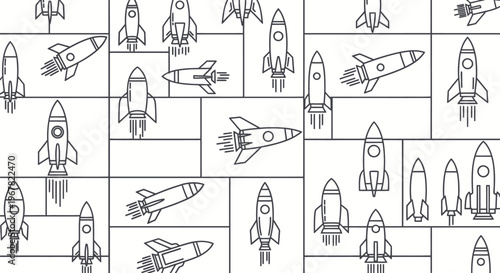 Retro cartoon rocket ships and spacecraft in a seamless pattern on a white background, vector illustration