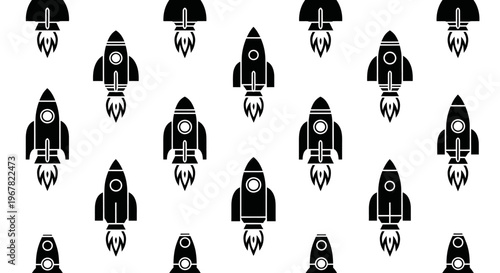 Seamless pattern of black rockets with fiery exhaust on white background, vector illustration, space exploration concept