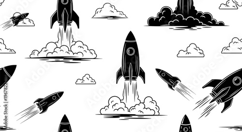 Retro rocket ships launching into the sky with clouds, seamless pattern, vintage space travel illustration