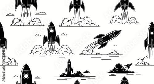 Retro rocket ships launching into space with stylized smoke plumes, vintage illustration pattern