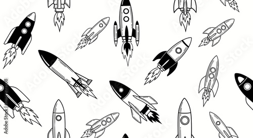Seamless pattern of various black and white rockets with flames, representing space exploration, technology, and science fiction on a clean background.