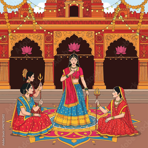 Indian women in traditional clothing praying.