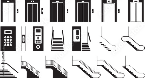 Set of security screening equipment and public transportation elements icons