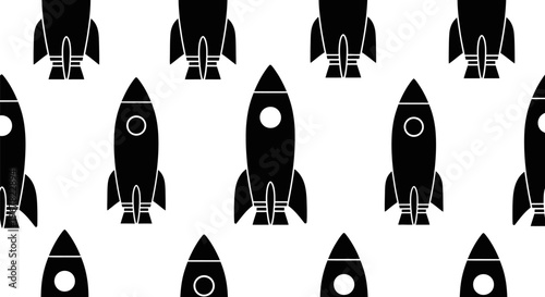 Seamless pattern of black rocket icons on a white background. Represents innovation, startup, technology, and future. Ideal for modern graphic design and science themes.