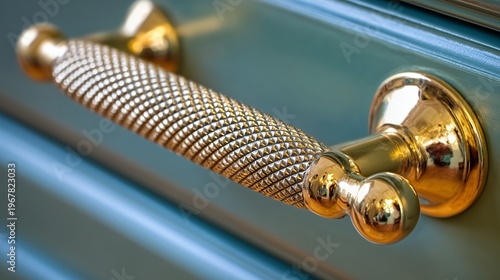 Knurled gold brass handle mounted on teal painted wooden drawer