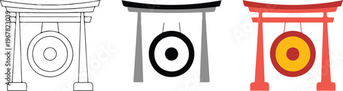 Minimalist vector set of traditional gong icons featuring outline silhouette and gold flat color design styles for Asian music and cultural ceremony projects.