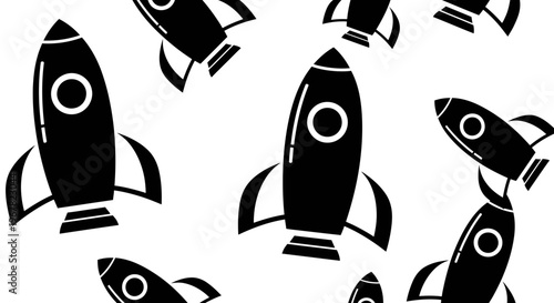 Seamless pattern of retro rocket ships in black and white, evoking space exploration, science fiction, and vintage travel.