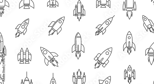 Seamless pattern of retro rocket ships and space shuttles in outline style on a white background