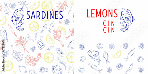 Stylized pattern featuring sardines lemons and marine life sketches