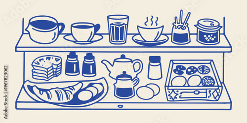 Blue line art illustration of a breakfast buffet display on shelves