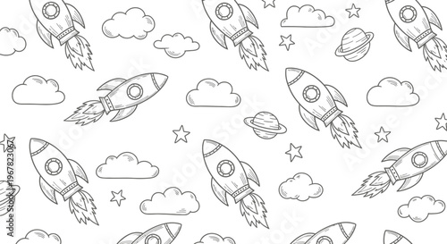 Seamless pattern of cartoon rockets, clouds, and stars, perfect for kids' space-themed designs and backgrounds