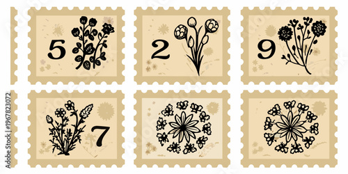 Vintage floral postage stamps with numbers and botanical illustrations