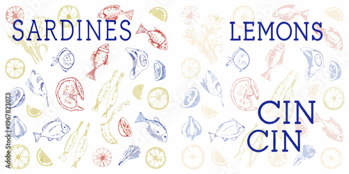 Stylized illustration of sardines lemons and the word cin repeated