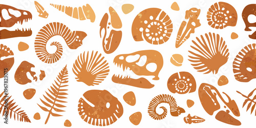 An illustrated pattern of various fossils and prehistoric remains