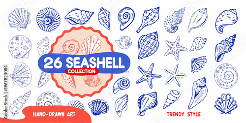 Collection of hand drawn blue line art seashells and starfish