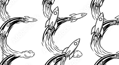 Dynamic black and white illustration of multiple rockets launching upwards, symbolizing startup success, technological innovation, and future progress. Vintage sci-fi concept.