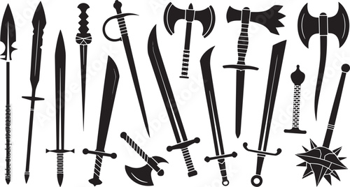Vector silhouettes of ancient medieval fantasy weapons collection, including swords, axes, spea