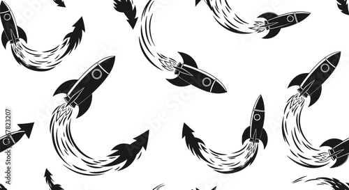 Seamless pattern of stylized black rockets with dynamic smoky trails on a white background, representing innovation, startup success, and technological progress.
