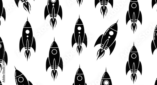 Seamless pattern of black rocket ships launching on a clean white background, symbolizing new beginnings, ambition, and technological advancement.