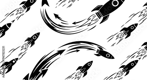 Seamless pattern of stylized black rockets launching with fiery trails on a white background, symbolizing space travel and innovation.
