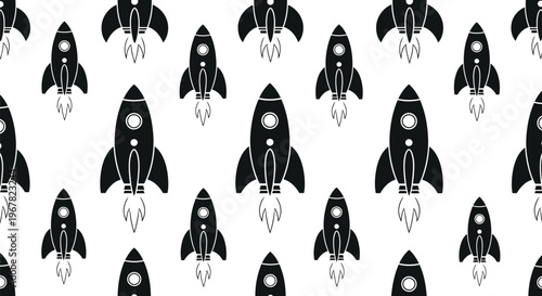 Seamless pattern of black retro rockets launching upwards with white smoke trails on a white background, vector illustration