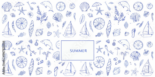 A whimsical collection of hand drawn nautical and summer themed illustrations