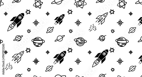 Seamless pattern of rockets, planets, stars, and atoms in a simple black and white line art style, perfect for space exploration themes.