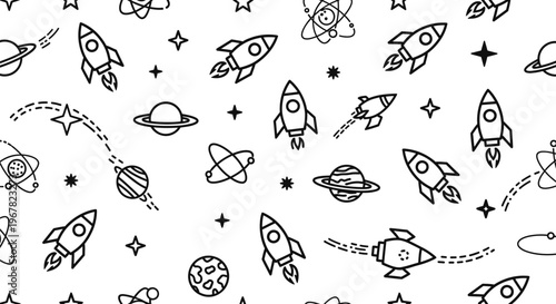 Cute hand-drawn space pattern with rockets, planets, stars and atoms on a white background
