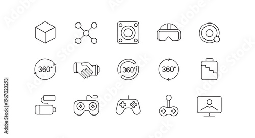 Set of vector line icons of virtual reality, 360 degree view, game controllers and media