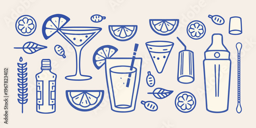 Stylized blue line art illustration of cocktails citrus and bar tools