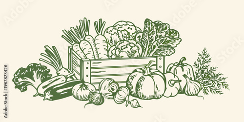 A vintage style illustration of a wooden crate overflowing with fresh produce
