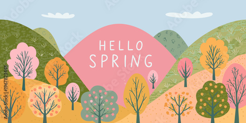 A colorful landscape illustration welcomes the arrival of springtime