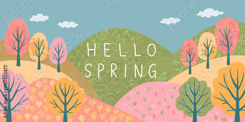A colorful landscape illustration welcomes the arrival of spring