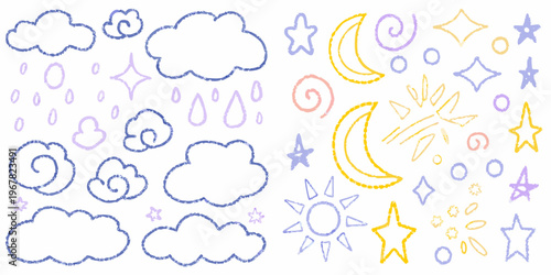 Colorful crayon drawing of clouds stars moons sun and raindrops